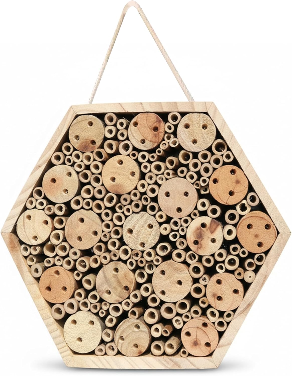 Hexagon Wooden Bee House for Garden - Natural Hotel with Hanging Rope, Mason Bee House for Outdoor to Attract Pollinators, Bug Hotel Garden Decoration