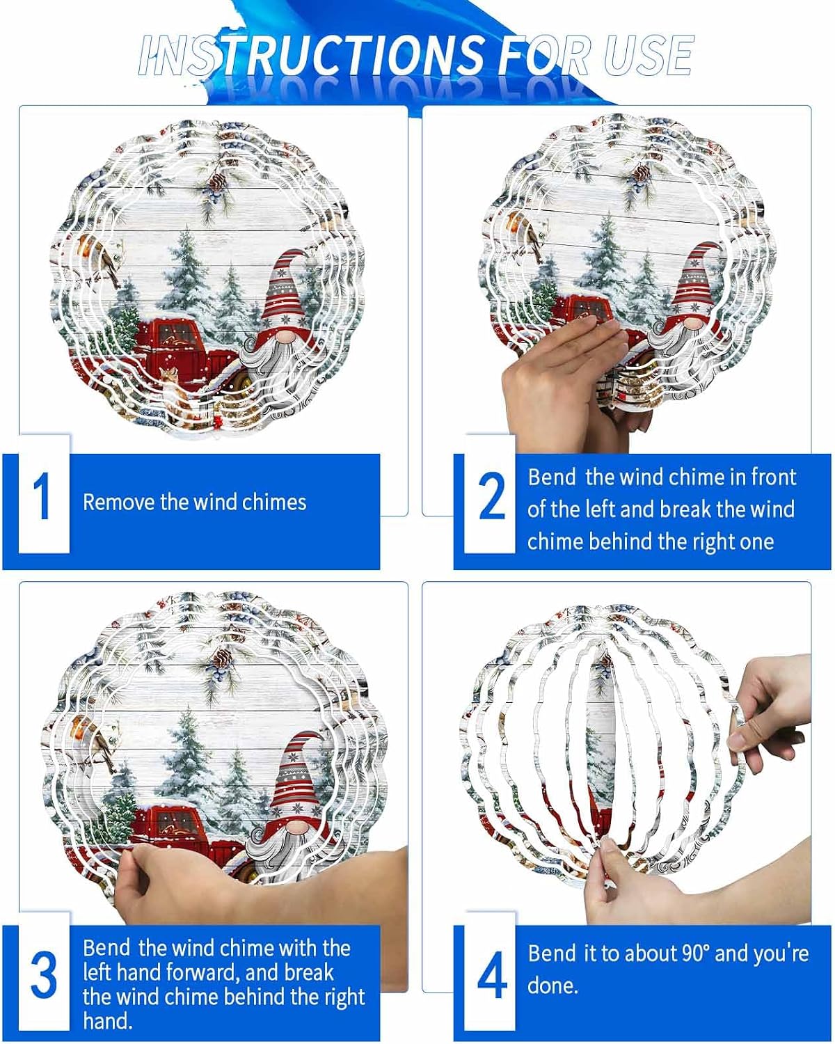 Christmas Truck Gnomes Wind Spinner 3D Stainless Steel, 12 in Round Double Sided Circle Hanging Wind Spinners, Xmas Tree Leaves Wooden Board Garden Art Wind Sculpture for Yard Porch Front Door