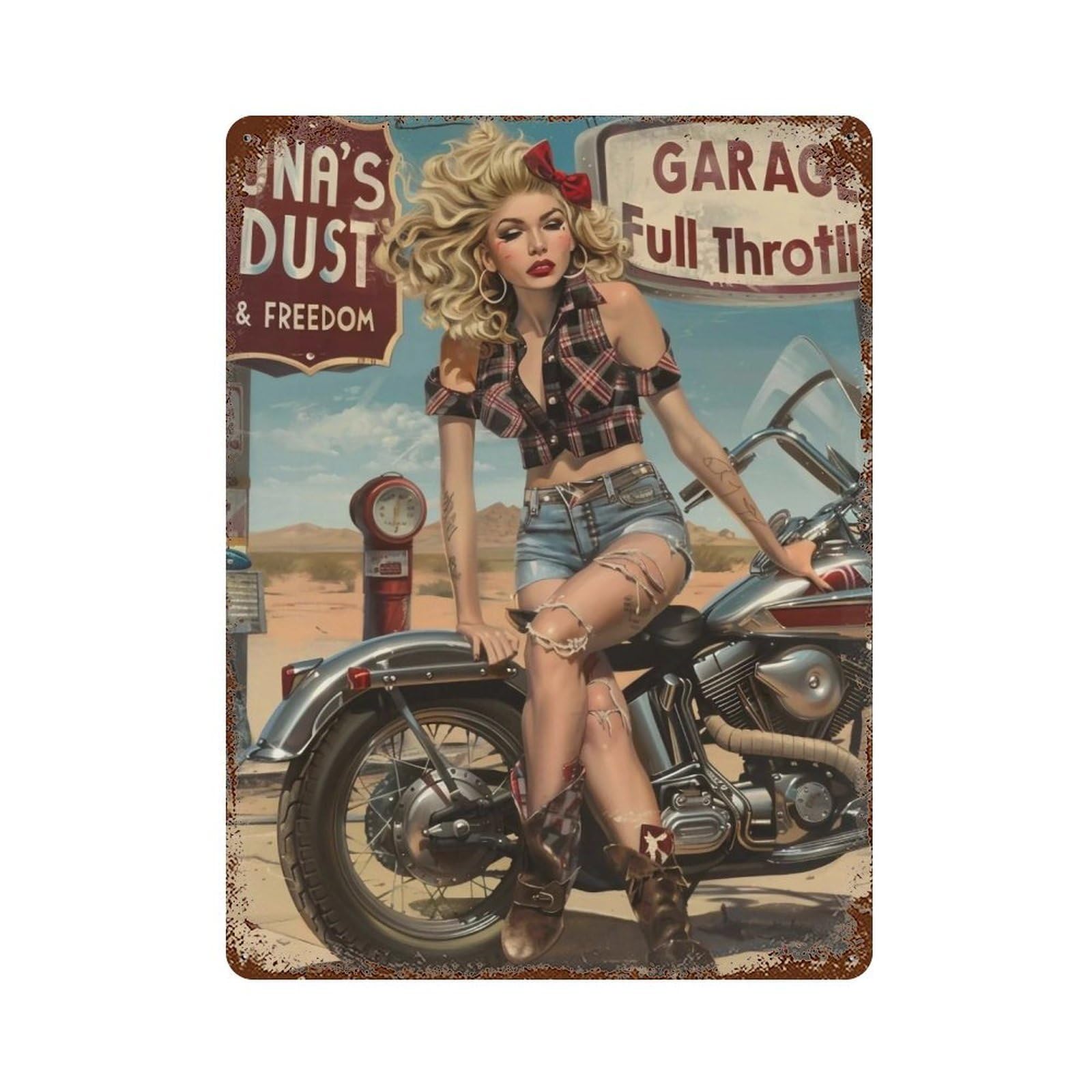 YHGERTKU Route 66 Pin Up Cowgirl Motorcycle 01 Wall Art Retro Iron Vintage Metal Tin Sign Poster Modern Decor for Living Rooms Gift 40x30cm