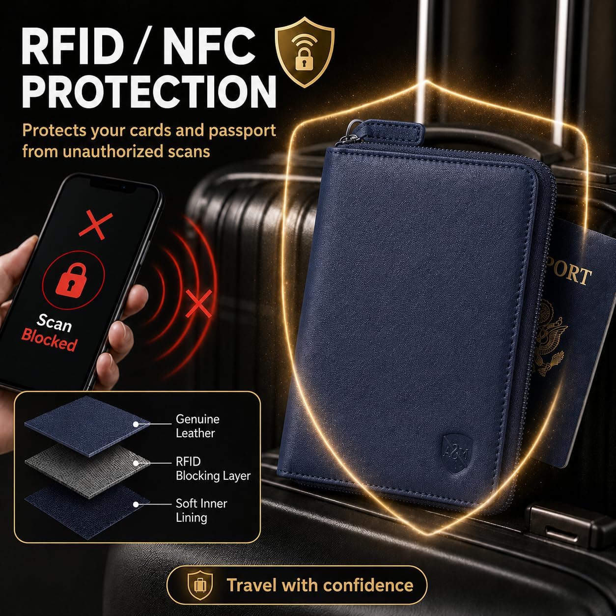 ALLEN & MATE Leather Passport Holder for Travel, RFID Zip Travel Wallet