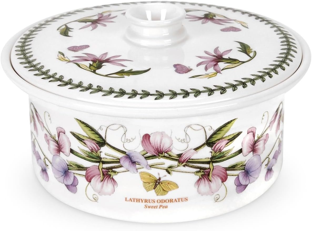 Portmeirion Botanic Garden 3pt Casserole Dish with Cover | Sweet Pea Motif | Porcelain | Chip-Resistant Glaze | Dishwasher, Microwave, Freezer, and Oven Safe