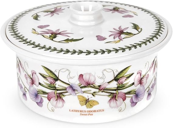 Portmeirion Botanic Garden 9.5 Round Casserole Dish with Cover, Sweet Pea Motif - Durable Porcelain Baking Dish with Chip-Resistant Glaze, Dishwasher & Microwave Safe - Stylish Bakeware & Serveware