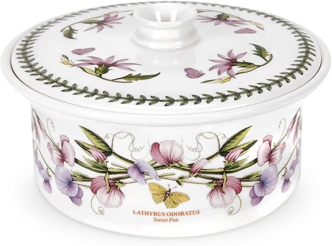 Portmeirion Botanic Garden 9.5" Round Casserole Dish with Cover, Sweet Pea Motif - Durable Porcelain Baking Dish with Chip-Resistant Glaze, Dishwasher & Microwave Safe - Stylish Bakeware & Serveware