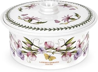 Portmeirion Botanic Garden 9.5" Round Casserole Dish with Cover, Sweet Pea Motif - Durable Porcelain Baking Dish with Chip-Resistant Glaze, Dishwasher & Microwave Safe - Stylish Bakeware & Serveware