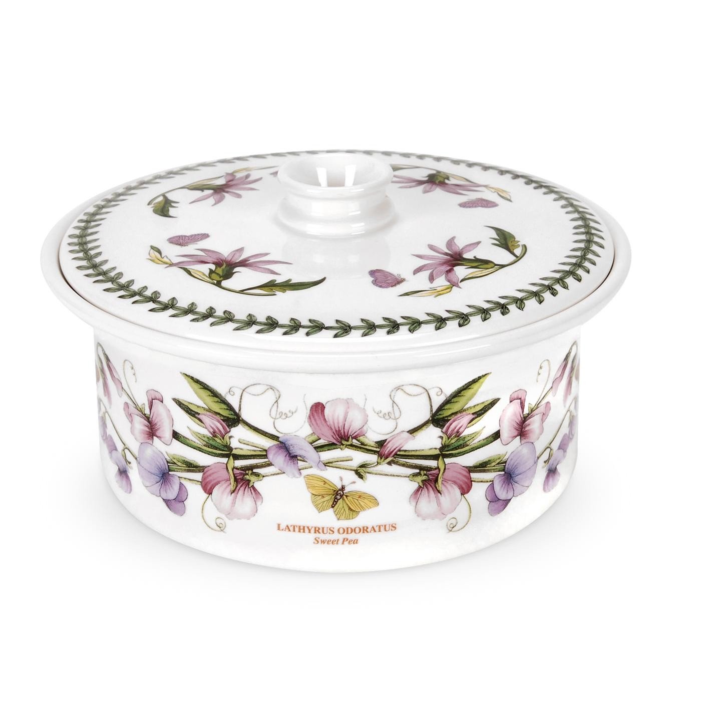 Portmeirion Botanic Garden 9.5" Round Casserole Dish with Cover, Sweet Pea Motif - Durable Porcelain Baking Dish with Chip-Resistant Glaze, Dishwasher & Microwave Safe - Stylish Bakeware & Serveware