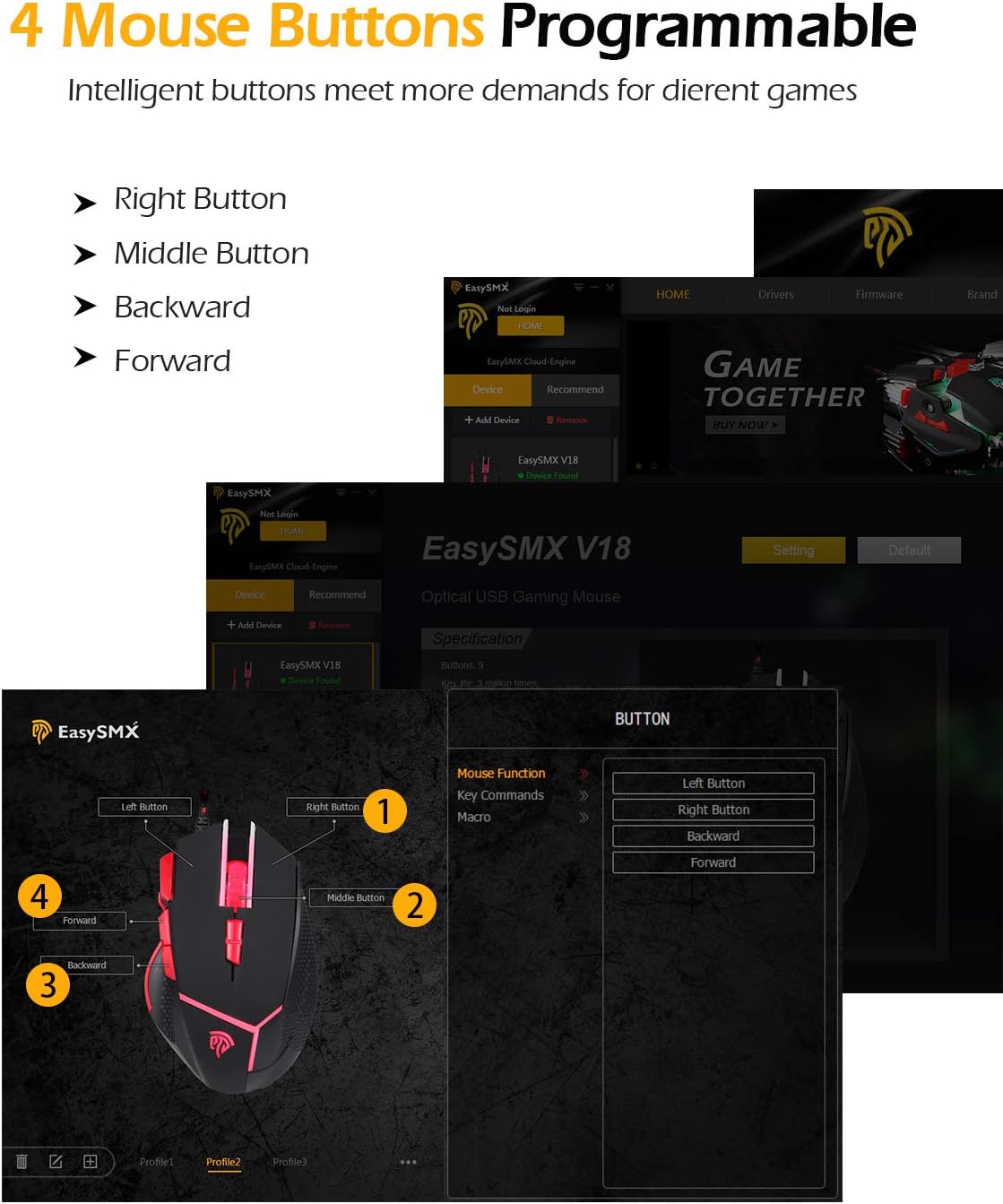 [Wired Gaming Mouse 4000 DPI 9 Buttons] EasySMX V18 Optical Mouse Weight Tuning Set Non-slip Design with LED Light Fire/Sniper Button 4 Programmable Button for Laptop PC Computer Gamer (Black and Red)