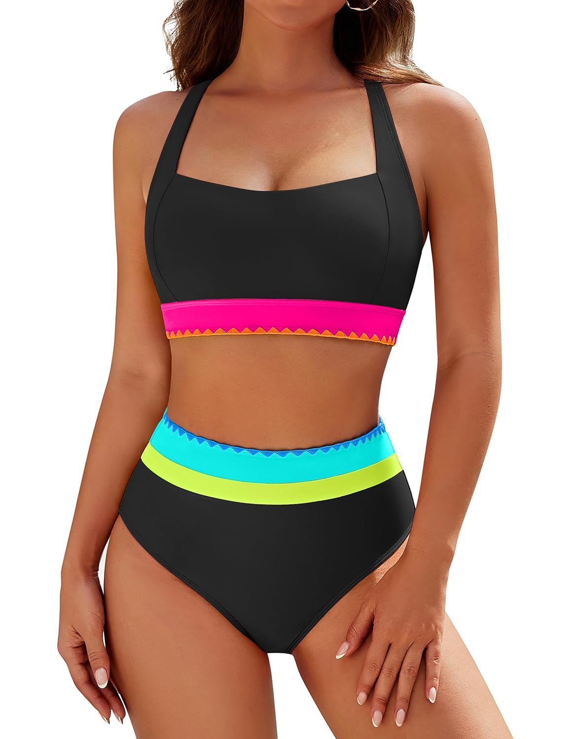 Blooming Jelly Womens High Waisted Bikini Sets Two Piece Sporty Bathing Suit Modest Neon Color Block Swimsuits