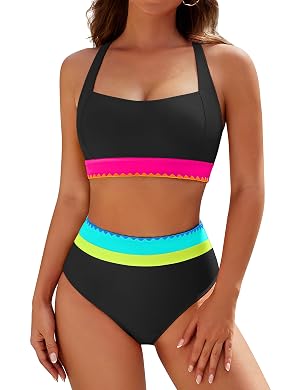 Blooming Jelly Womens High Waisted Bikini Sets Two Piece Sporty Bathing Suit Modest Neon Color Block Swimsuits