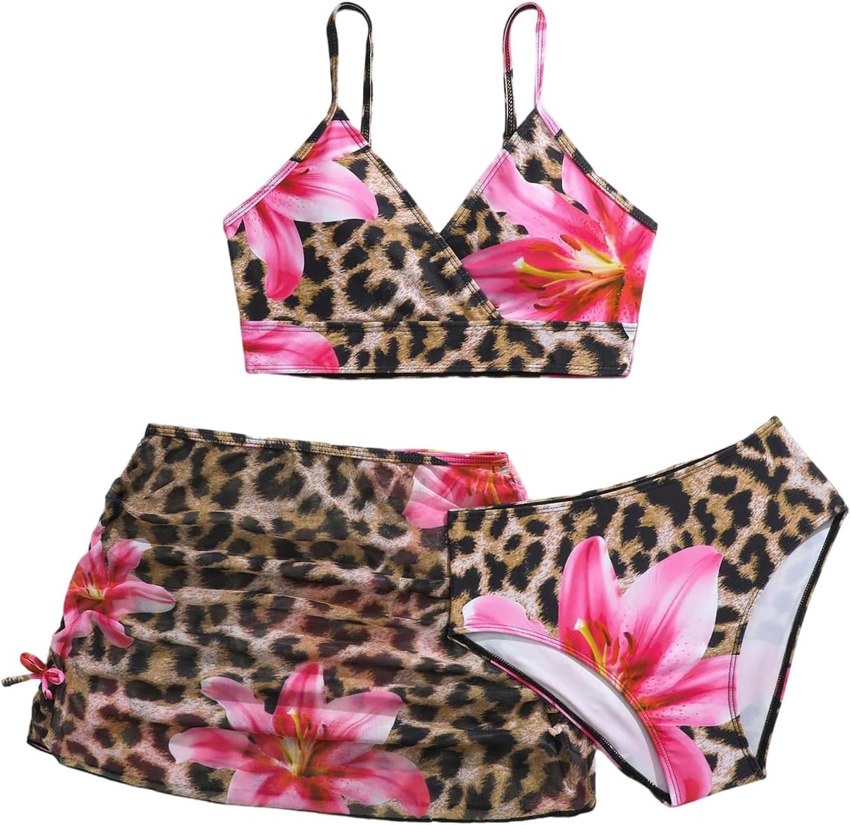 Floerns Girl's 3 Piece Cute Cherry Print Swimsuit Ruched Drawstring Bathing Suit with Cover Up