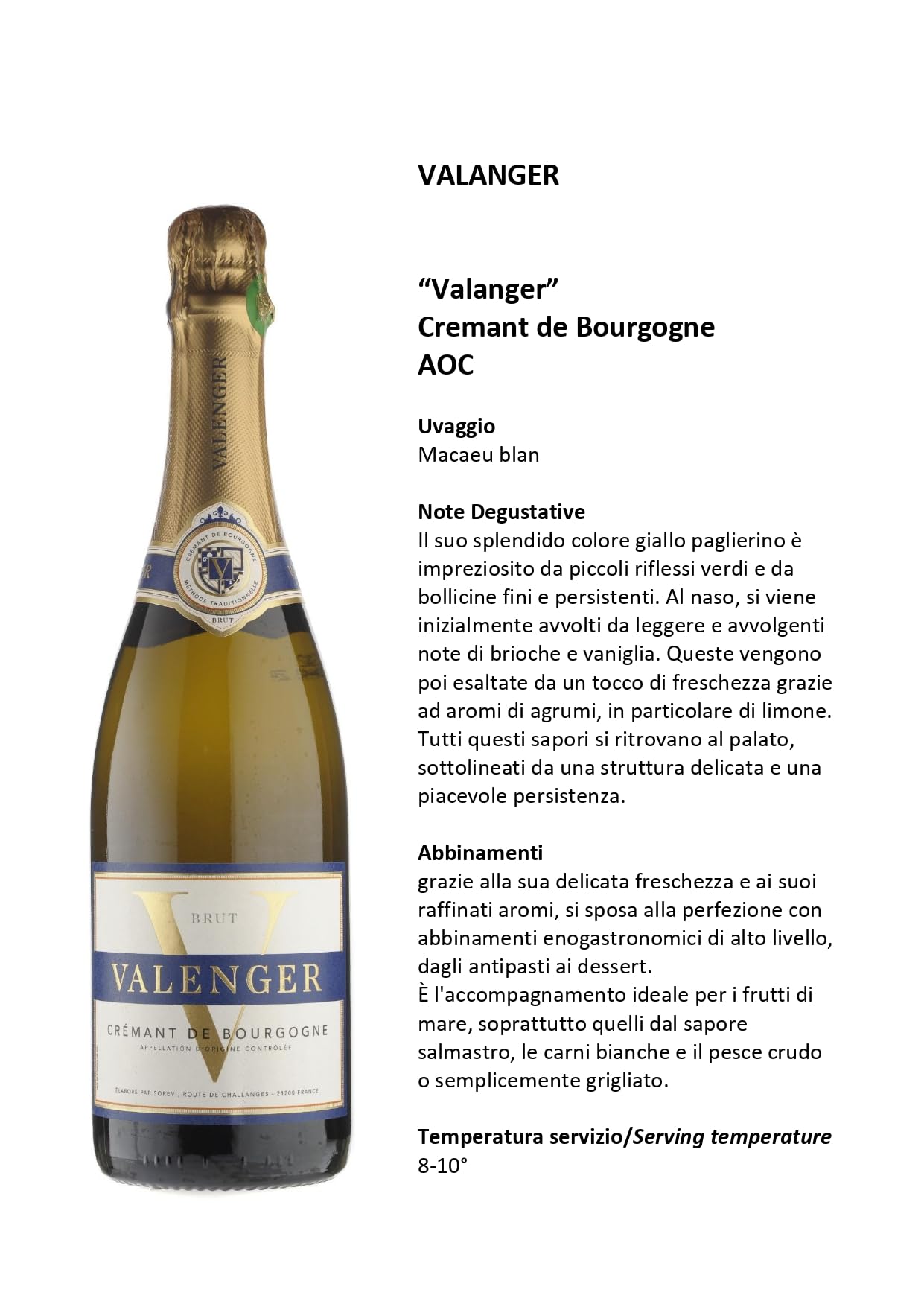 Valenger Brut Crémant de Bourgogne DOP - Vino espumoso francés método tradicional - Pack 6 botellas x 75cl - Chardonnay, Gamay, Pinot Noir