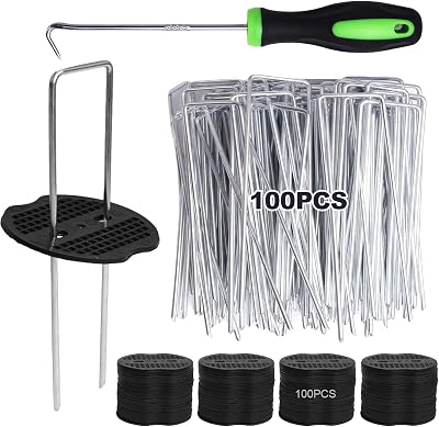 Storystore 201Pcs Landscape Staples Kit, 100Pcs 6 Inch U-Shaped Galvanized Steel Garden Stakes Staples, 100Pcs Fixing Gasket with 1Pc Pick Hook for Holding Weed Barrier Fabric, Tent Turf Fence Hose
