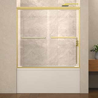 60" W x 58" H Semi-Frameless Bypass Sliding Bathtub Shower Door, Easy-to-Clean Treated Clear Tempered Glass, Brushed Gold