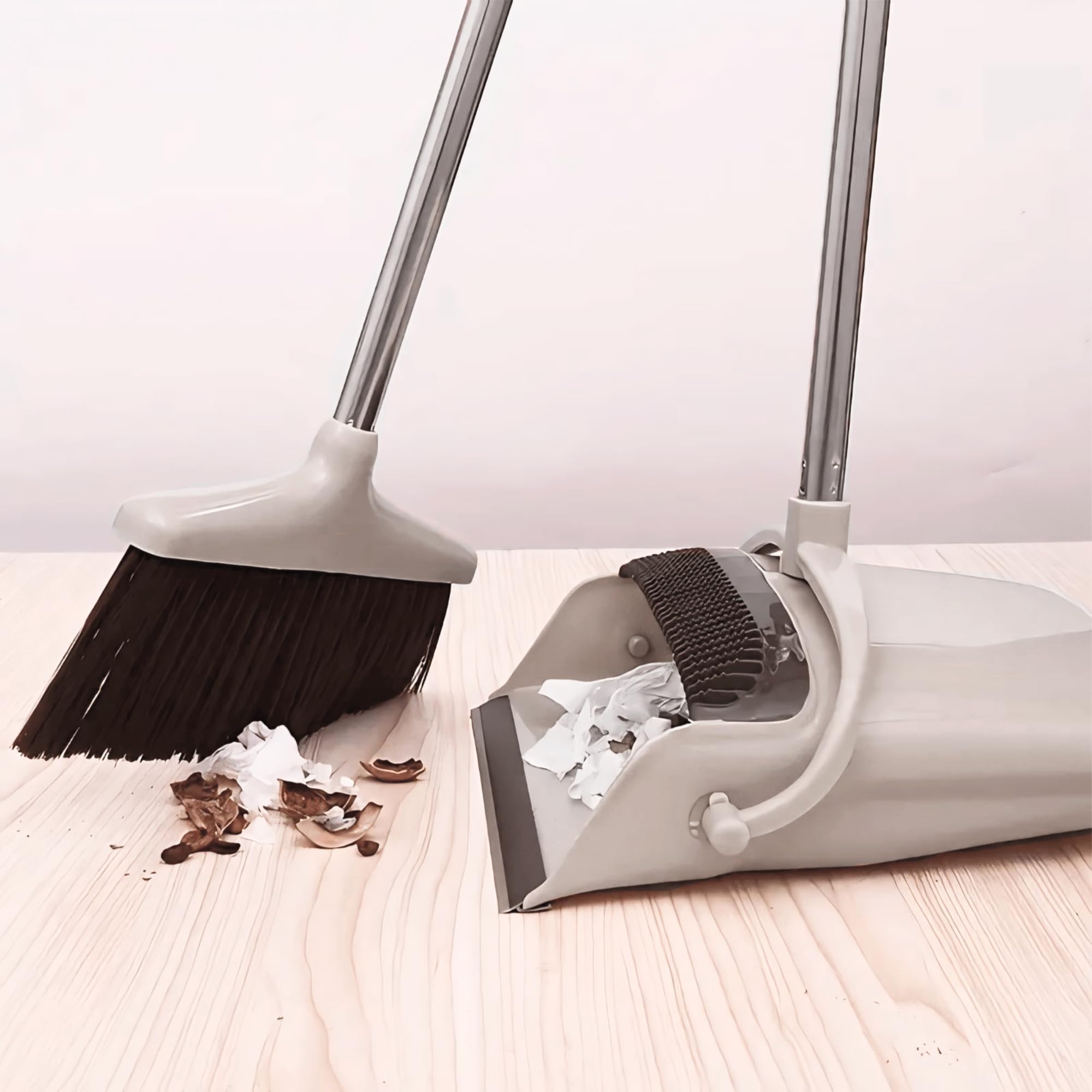 JUPPLIES Escoba y Recogedor Plegable Mango Largo, Juego Barredora Vertical Recogedor Interior para Barrido Casa Beige