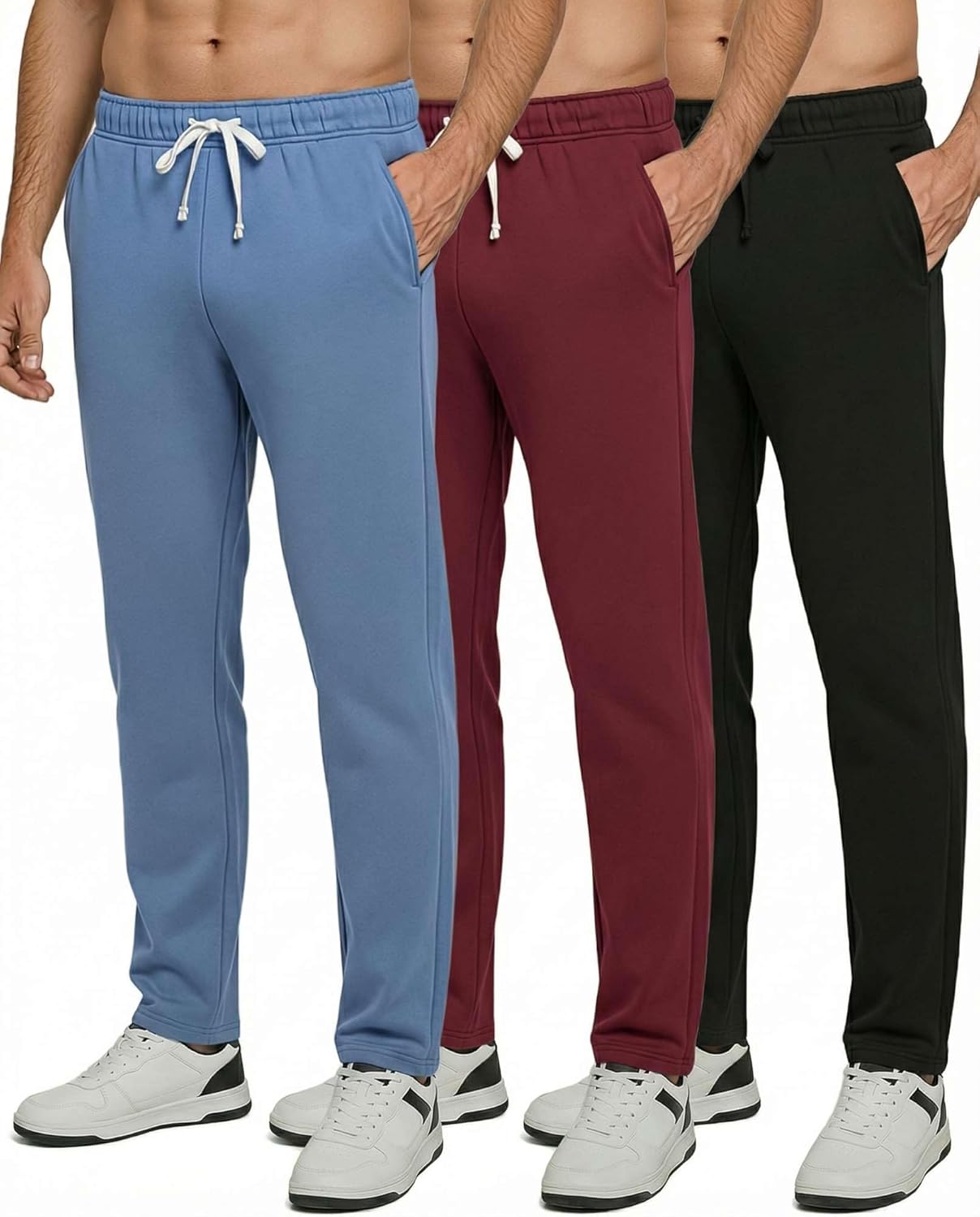 Real Essentials 3 Pack: Men's Tech Fleece Athletic Casual Open Bottom Sweatpants with Pockets (Available in Big & Tall)