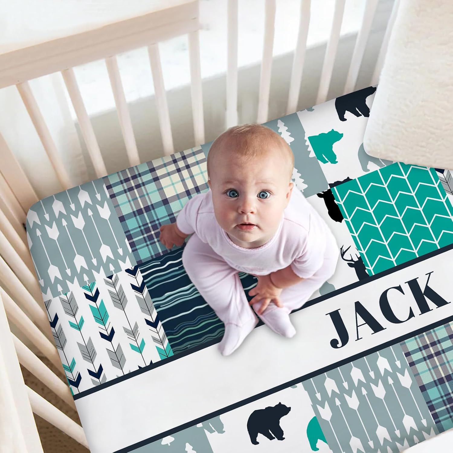Personalized Crib Bedding Set for Baby Boys, Custom Baby Crib Bedding Set with Name, Dear Bear Woodland Nursery Bedding, 2 Piece Crib Bedding Sets, Name Crib Comforter, Crib Fitted Sheets for Babies