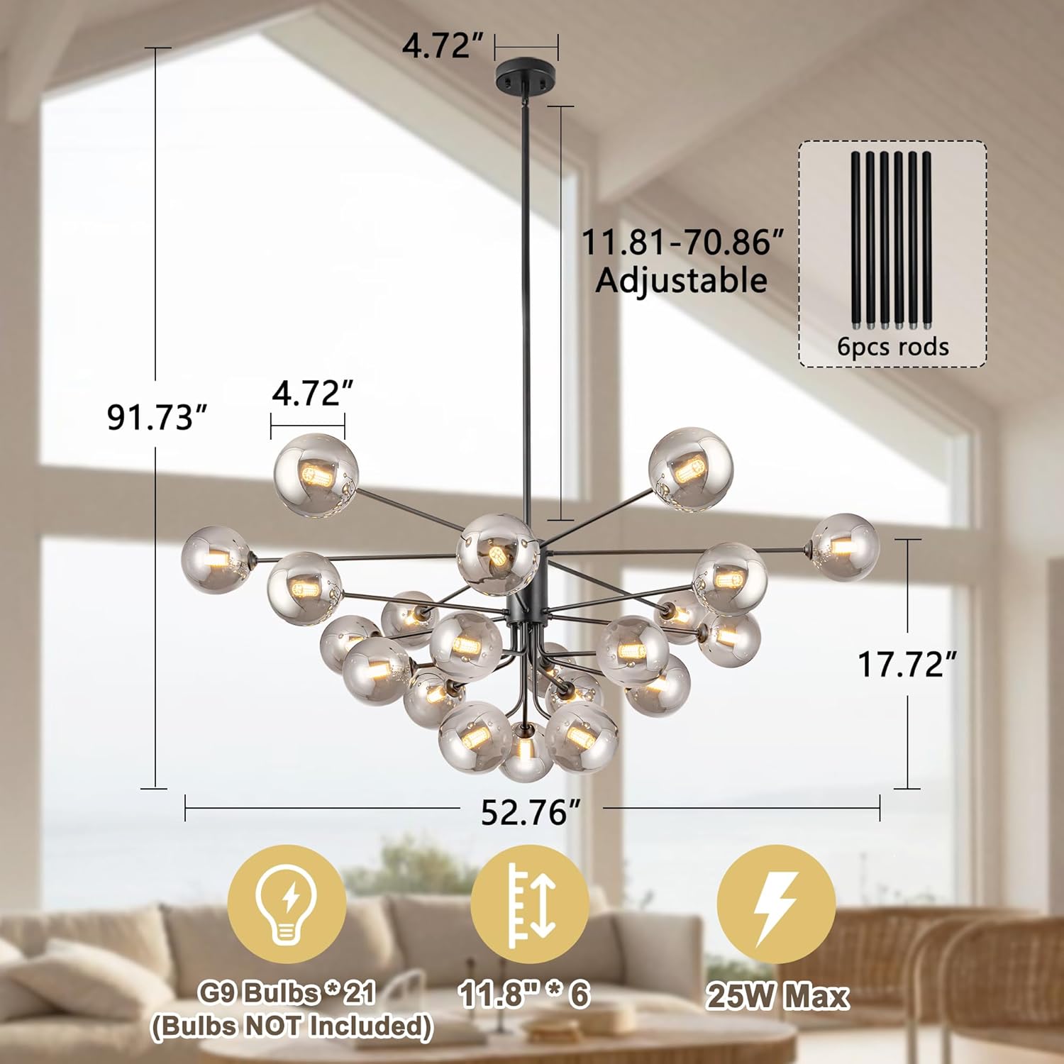 52.76" Black Modern Dining Room Chandelier for Entryway - Farmhouse Large Sputnik Chandeliers for High Ceilings with 21 Lights Smoke Gray Glass Globe Chandelier for Bedroom