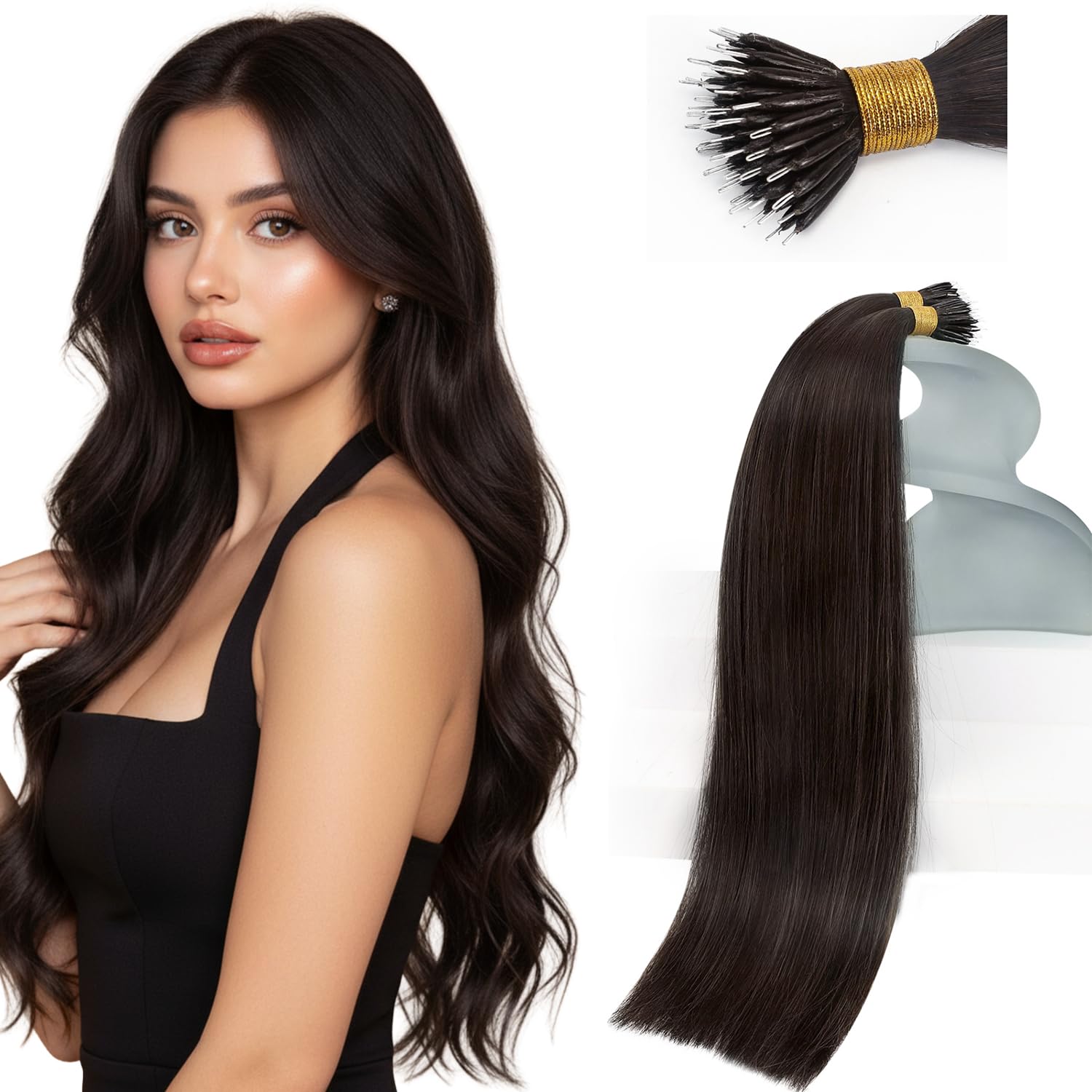Sunny Hair Nano Ring Hair Extensions Darkest Brown Nano Loop Hair Extensions Human Hair 22inch Bead Extensions Long Straight Hair 50g