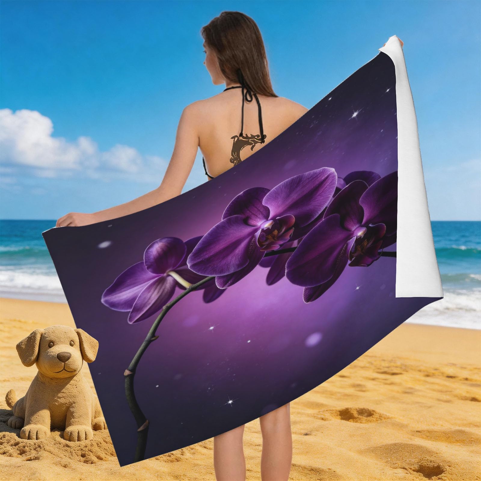 Leichong 3D Orchid Beach Towel Microfiber Soft Quick Dry for Adults, Dreamy Bath Towel Lightweight Soft Absorbent for Travel Swimming Pool Sports, 75 x 150 cm
