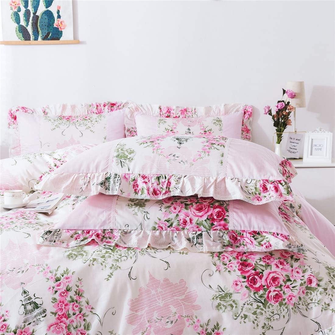 FADFAY Home Textile Pink Rose Floral Print Duvet Cover Bedding Set for Girls 4 Pieces Full Size