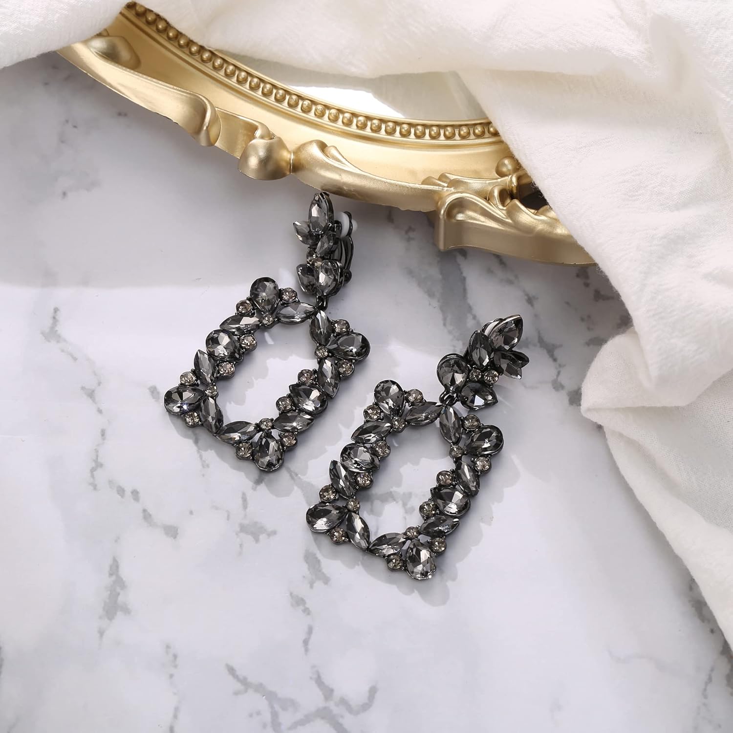 BriLove Clip-on Dangle Earring Earrings Art Deco Sparkly Rhinestone Marquise Teardrop Rectangle Geometric Statement for Women - Image 2