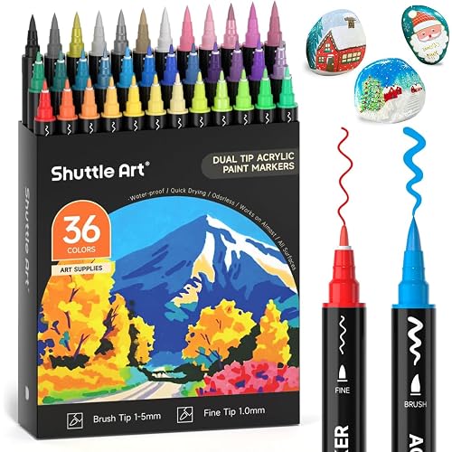 Shuttle Art 36 Colors Dual Tip Acrylic Paint Markers, Brush and Fine Tip for Rock Painting, Ceramic, Wood, Canvas, Plastic, Glass, Stone, Calligraphy, Card Making, DIY Crafts