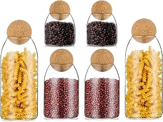 Glass Food Storage Jars with Wood Lid Ball, 6PCS Bamboo Glass Storage Containers with Good Sealing, Different Sizes Coffee Container for Kitchen Counter, Pantry, Tea, Sugar, Flour (6PCS-S+M+L/Set)