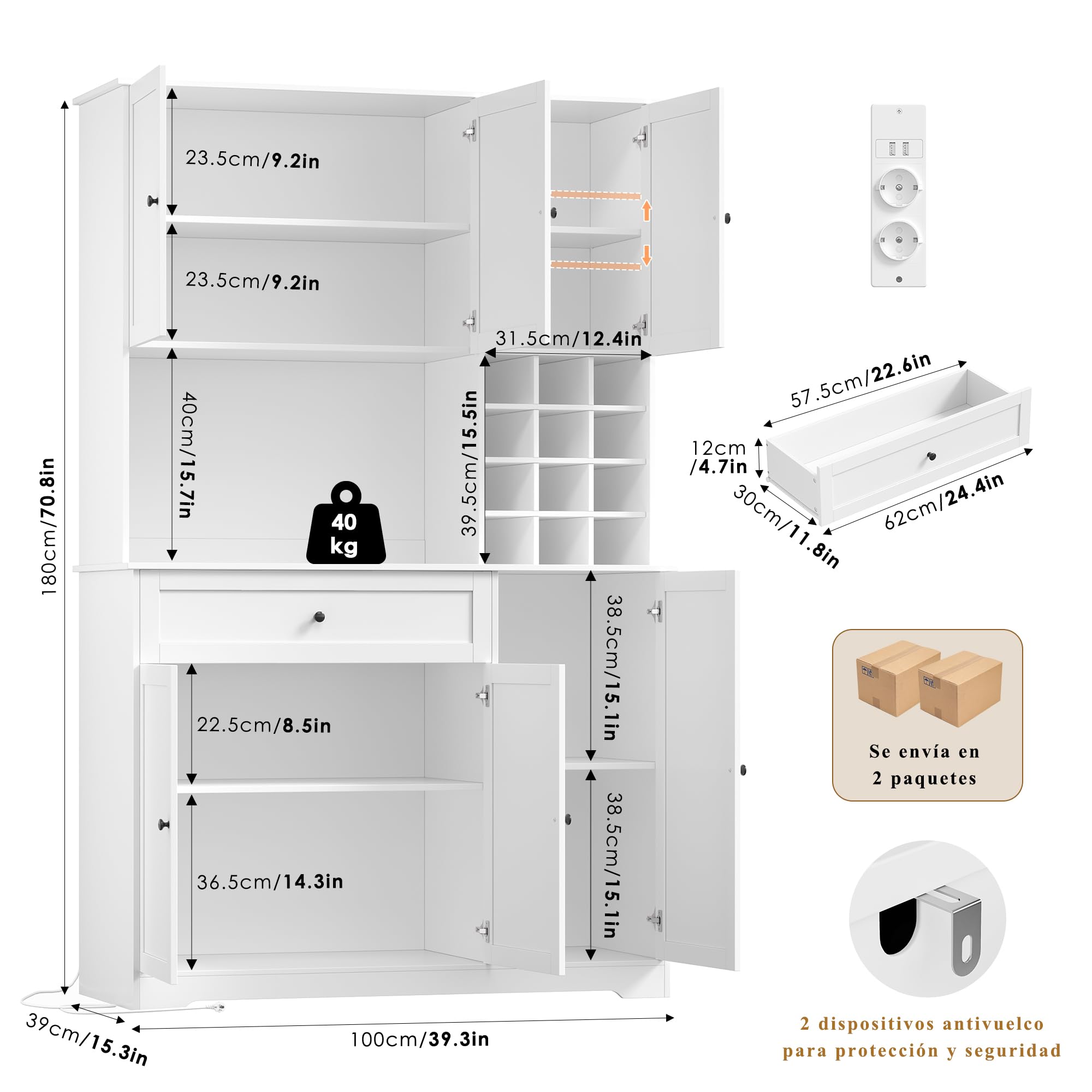FirFurd Alacena Cocina Grande, Armario Cocina Almacenaje, Mueble de Cocinas | Armario Despensa Cocinas con Iluminacion LED, Regleta, Encimera, Botellero 12 Botellas, 1 Cajón 100x39x180cm Blanco