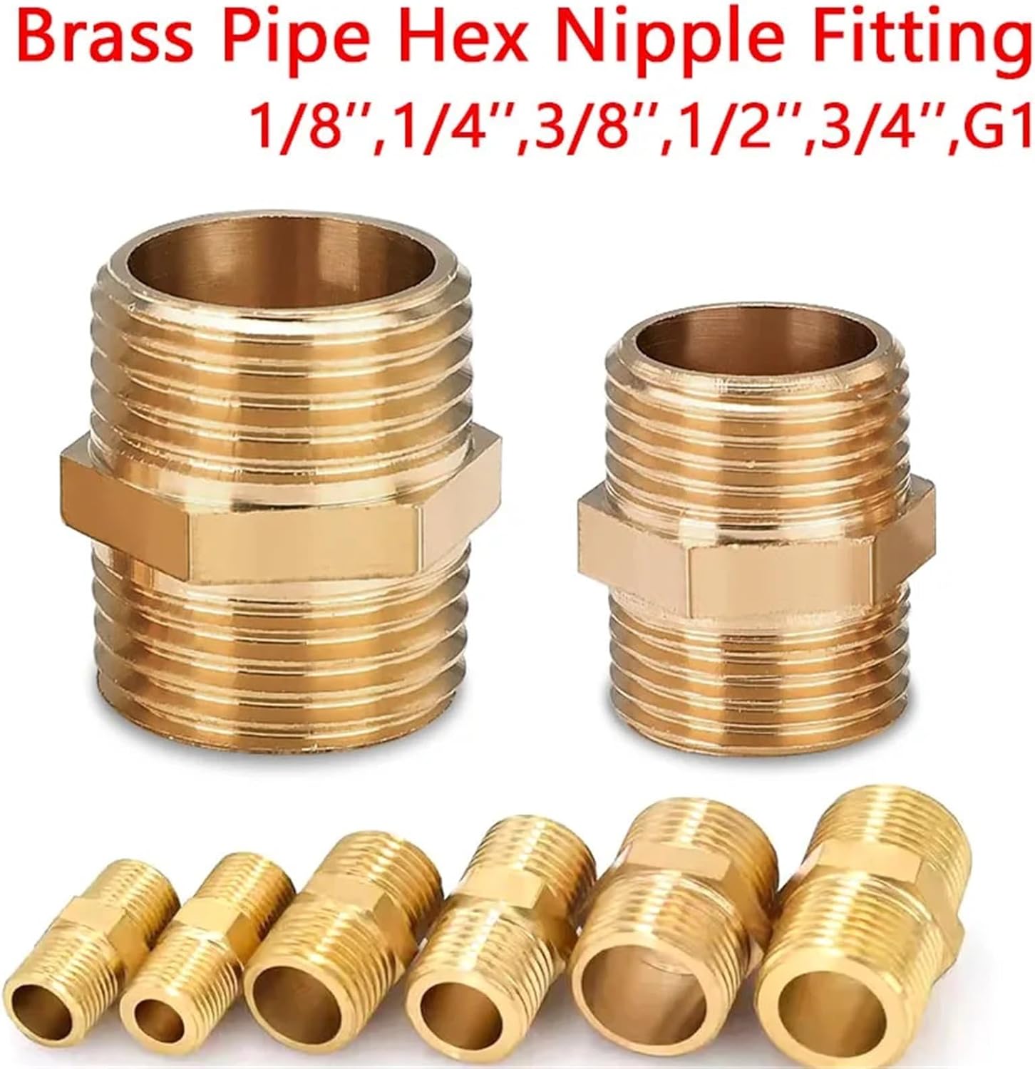 Brass Pipe Hex Nipple Fitting 1/8" 1/4" 3/8" 1/2" 3/4" 1" Male Thread Adapter Coupler Connector 50Pcs(1 to 1)