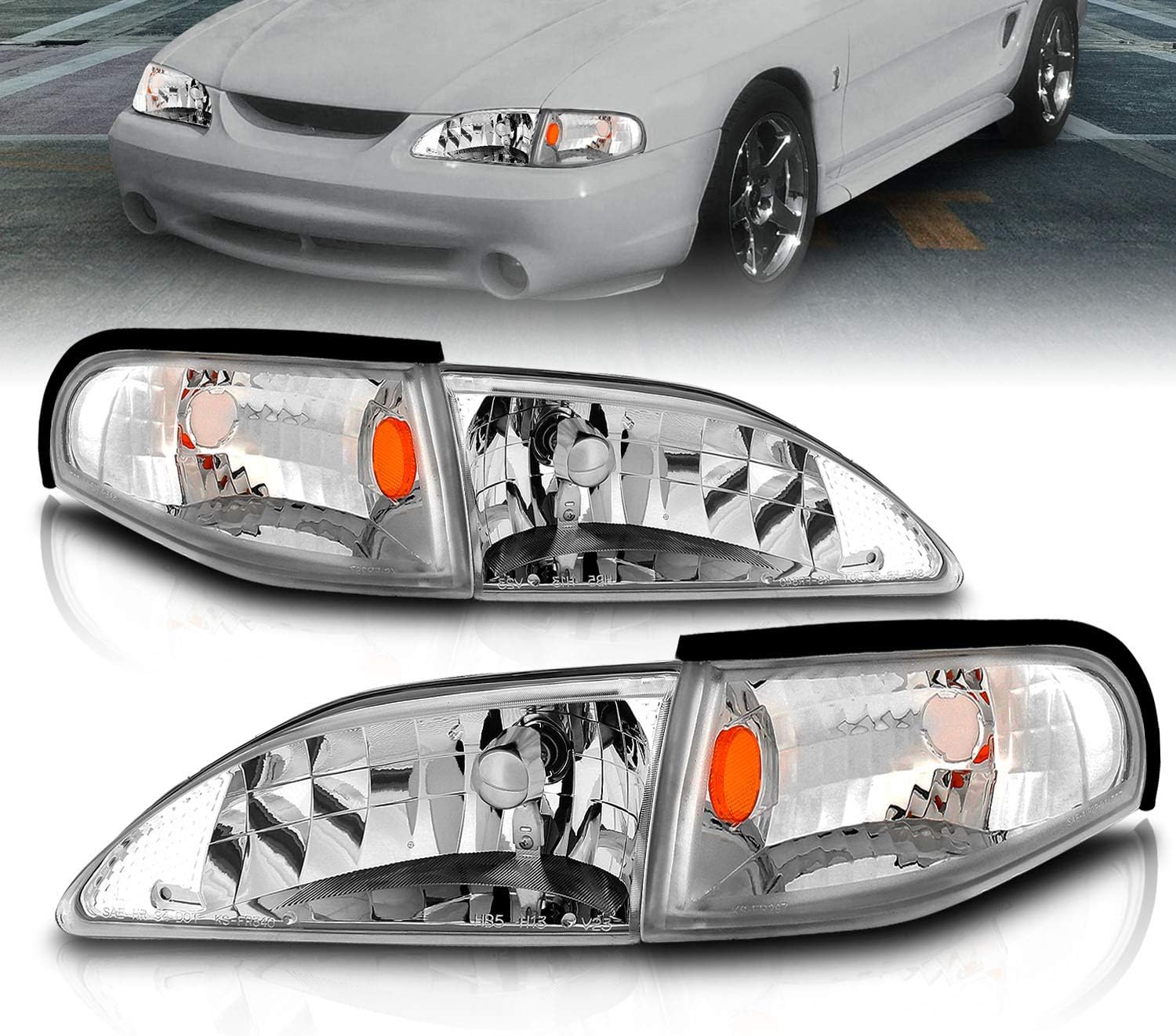AmeriLite Chrome Replacement Headlights Corner Turn Signal Set For 94-98 Ford Mustang - Passenger and Driver Side