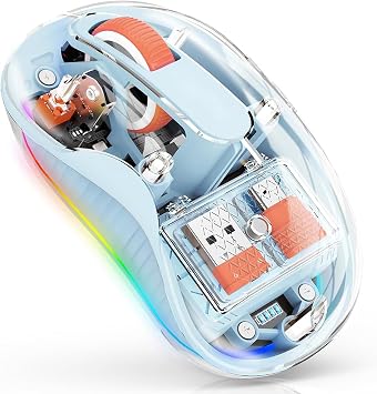Transparent Wireless Gaming Mouse,Tri-Modes 2.4G USB+Type C+2 BT Cordless Silent Computer Ergonomic Mice Rechageable RGB for Office PC MacBook Laptop Chromebook Tablet Blue