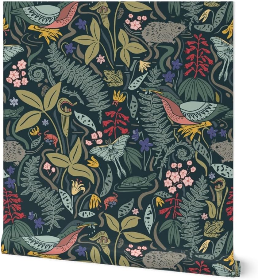 Spoonflower Removable Wallpaper 12ft x 2ft - Maximalist Botanical Nature Floral Woods Forest Wetland Plants Frog Eno Moth Cicada Custom Pre-Pasted Wallpaper
