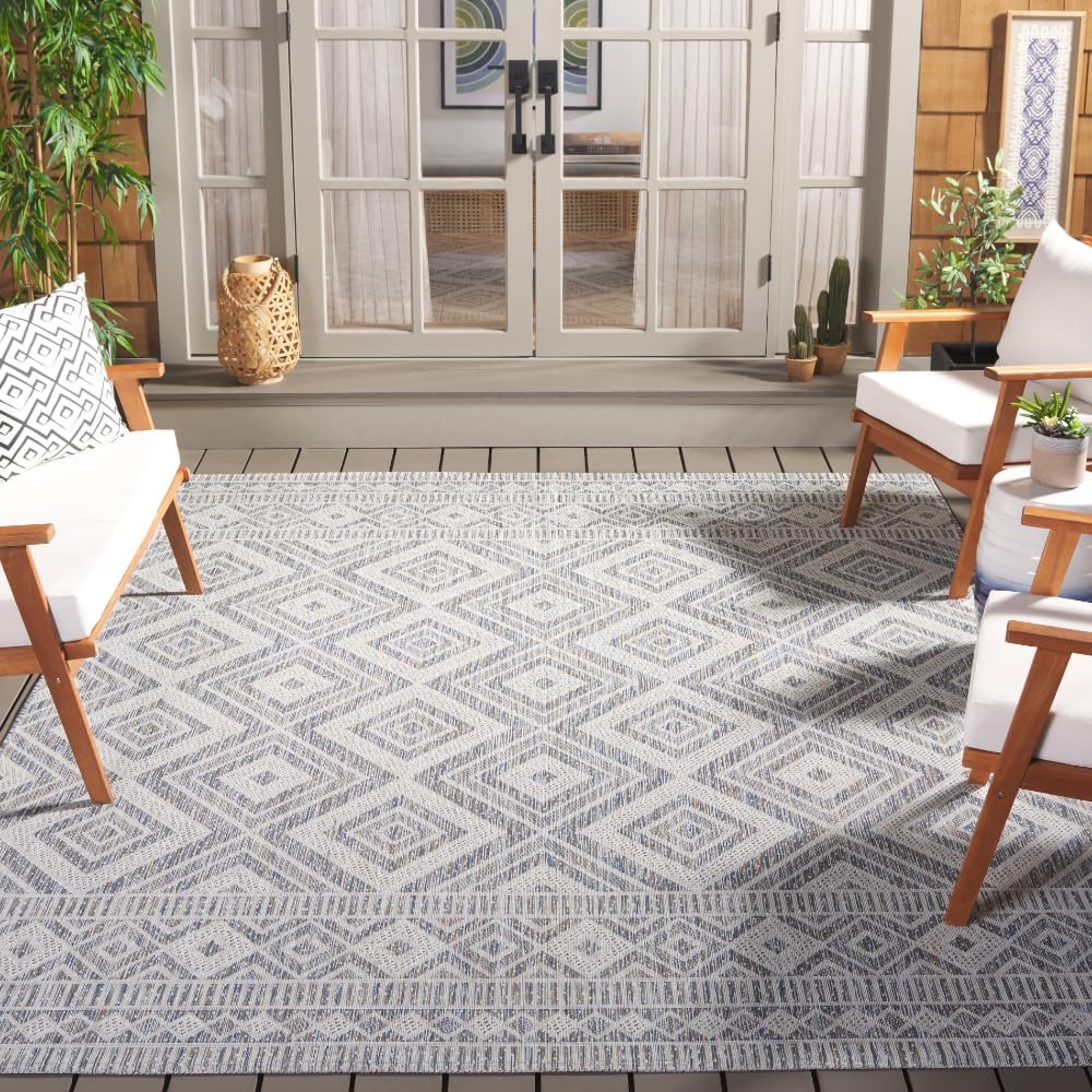 SAFAVIEH Washable Rug Outdoor Courtyard Collection - 9' x 12', Ivory Blue & Beige, Non-Shedding & Easy Cleaning, Ideal for Patio, Backyard, Mudroom (CY8998-59221)