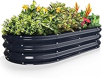 Vista 11 de Kesfitt Cama de jardín elevada, cama de jardín elevada de metal de acero galvanizado de 4 x 2 x 1 pies, diseño ovalado de fondo abierto, 12 pulgadas