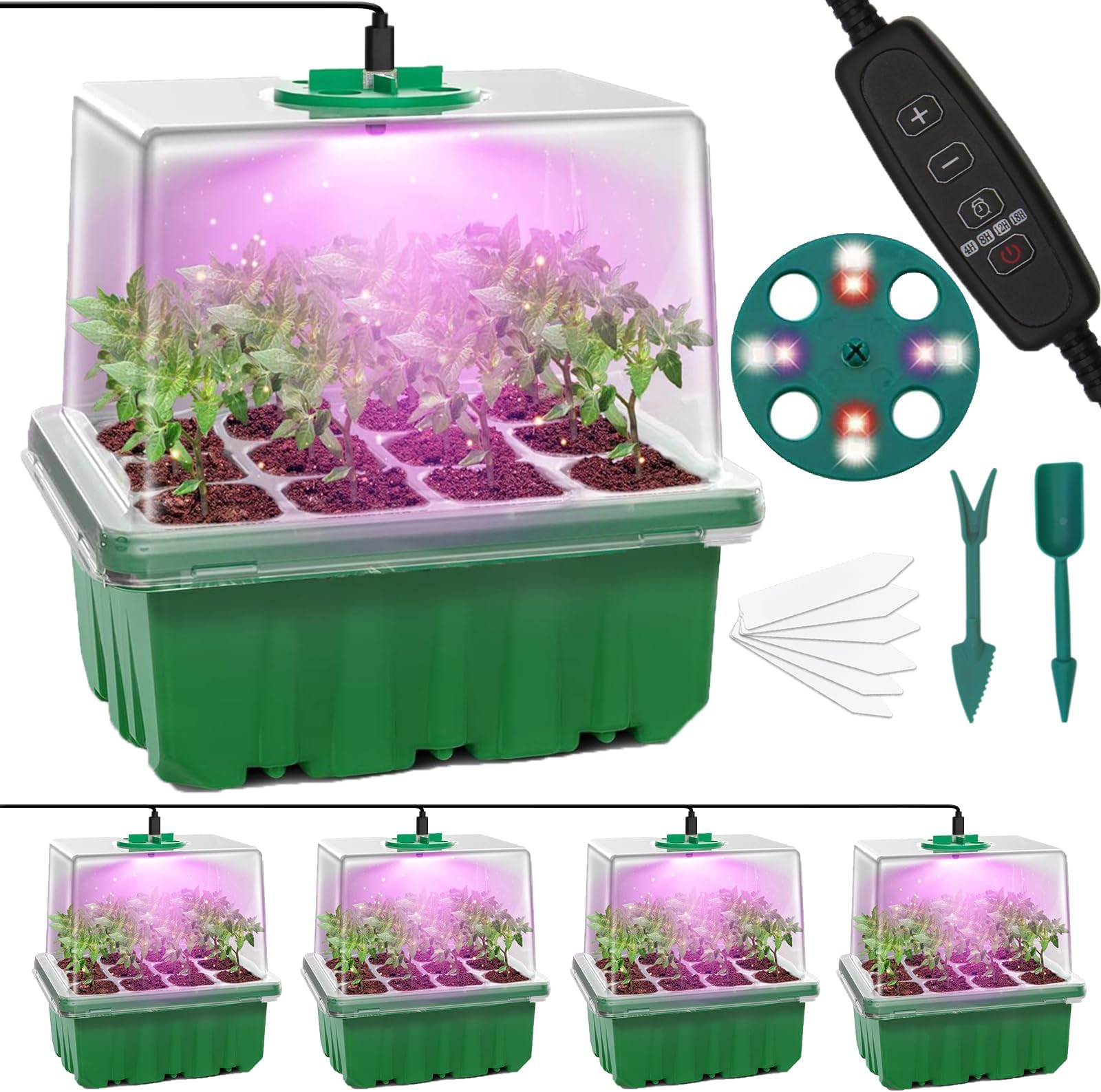 MQFORU Seed Trays with Grow Light, 5 Pack 60 Cells Growing Trays Propagator Growing Thicken Seedling Starter Adjustable Brightness & Humidity,2 Meters Timing Controller for Greenhouse Grow Plant Seed