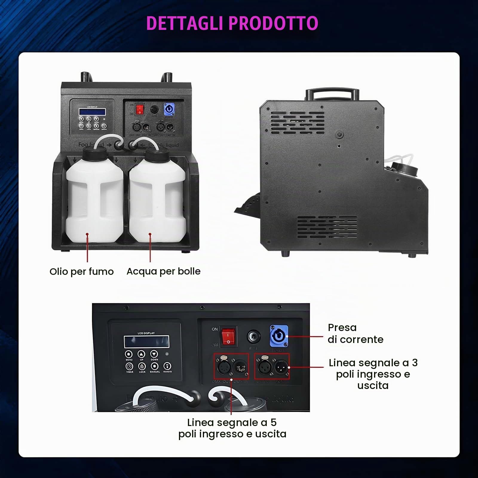 Macchina Spara Bolle di Sapone Professionale con Effetto Fumo E 24 Luci LED Rgbw, Telecomando, Timer, Controllo DM×, Pannello di Controllo LCD - Oltre 10.000 Bolle Galleggianti DualNozzle