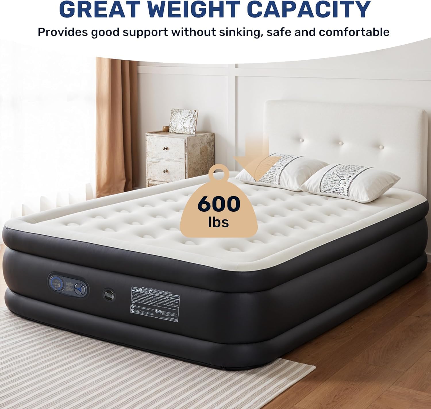 Simple Deluxe Queen Camping Air Mattress with Built-in Electric High-Speed Pump, Bed Height, Blow Up Inflatable Airbed with Carrying Bag for Home Guests & Travel, Waterproof Foldable Portable