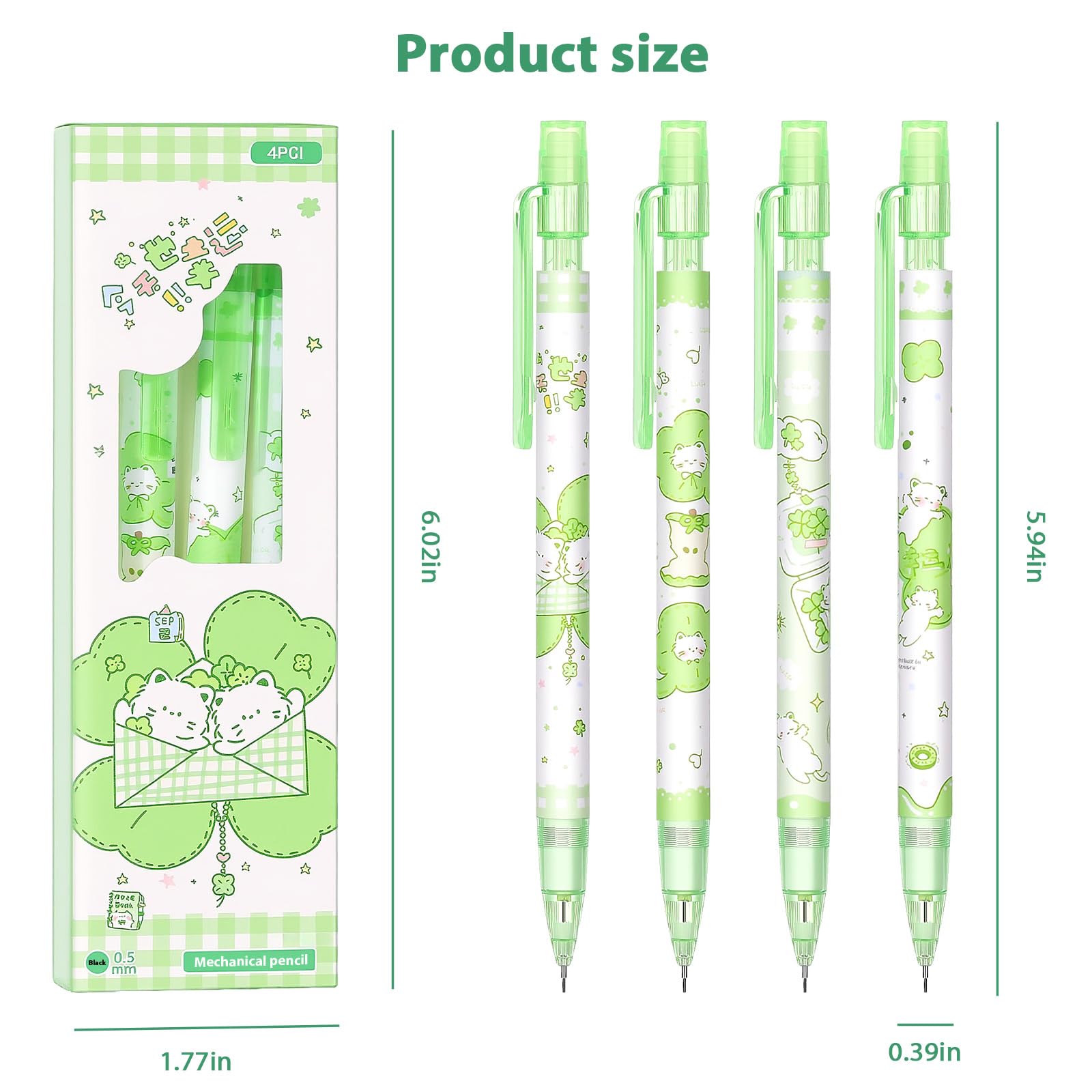 Lot de 4 porte-mines motif trèfle vert de 0,5 mm - Crayons kawaii pour l'école, le bureau, les femmes