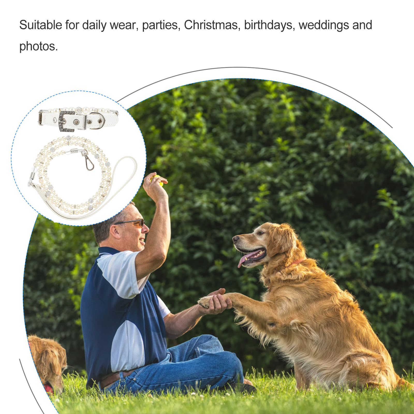 Outanaya Set 2 Pezzi Collare e Guinzaglio per Cani Cuccioli in Pelle Pu Perle Flessibile Colore Bianco per Foto e Matrimoni