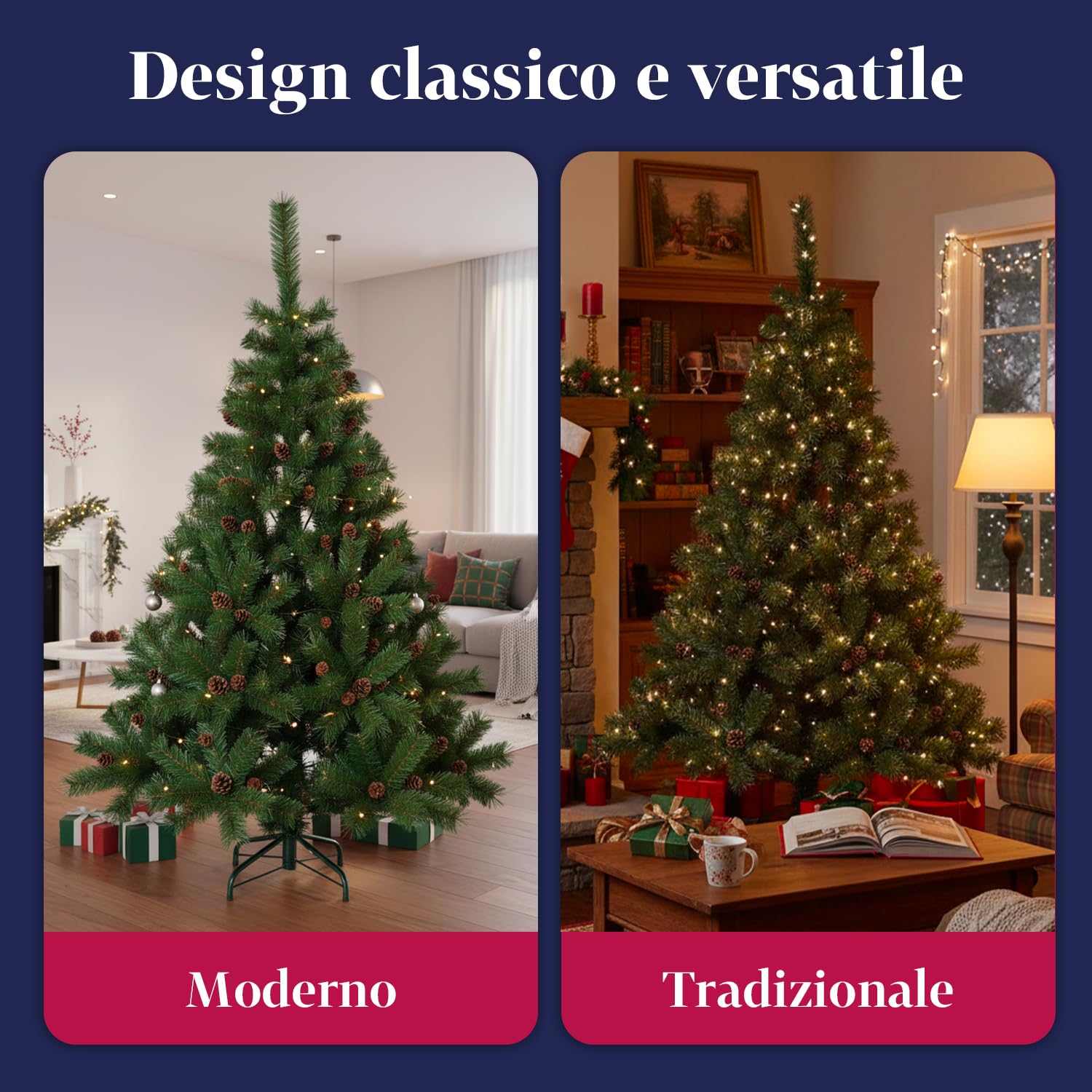 Albero di Natale Artificiale con Pigne da 150 cm con 438 rami. Perfetto per Interni, Pronto per Essere Decorato con Luci e Ornamenti Natalizi con Base in Metallo e Innesto Facile Ø 70 cm