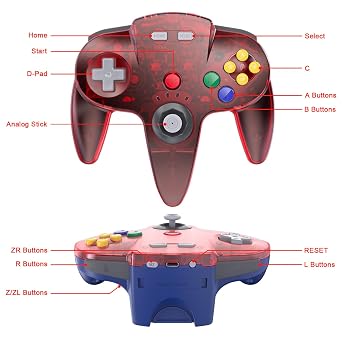 KIWITATA Wireless N64 USB Controller for Switch Games, 2.4ghz Rechargeable Remote Wireless Joystick Game Controller for Switch/Switch 2, MAC, Windows PC & Raspberry Pi Clear Red