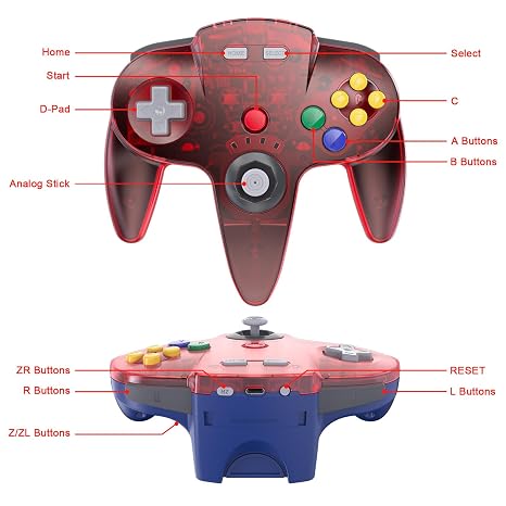 KIWITATA Wireless N64 USB Controller for Switch Games, 2.4ghz Rechargeable Remote Wireless Joystick Game Controller for Switch/Switch 2, MAC, Windows PC & Raspberry Pi Clear Red