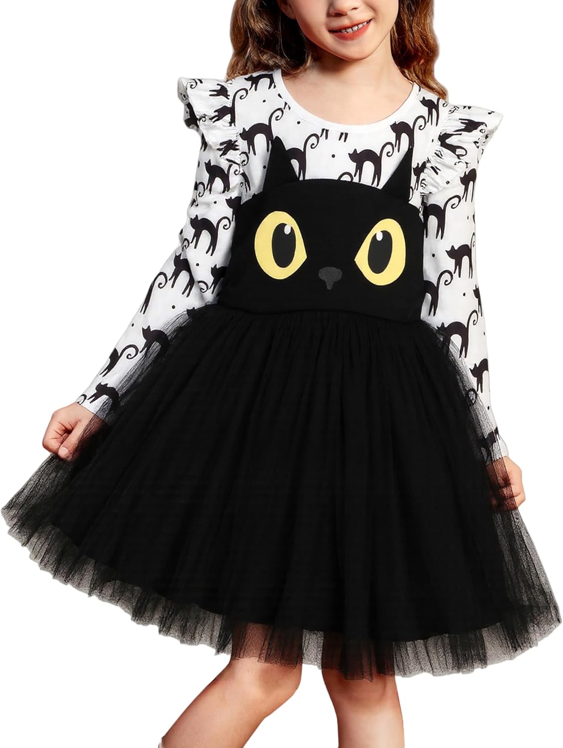 Noubeau Toddler Baby Girl Halloween Outfits Long Sleeve Ruffle Fall Winter Dress Layers Tulle Skirt Set Halloween Dresses Black 2-3T