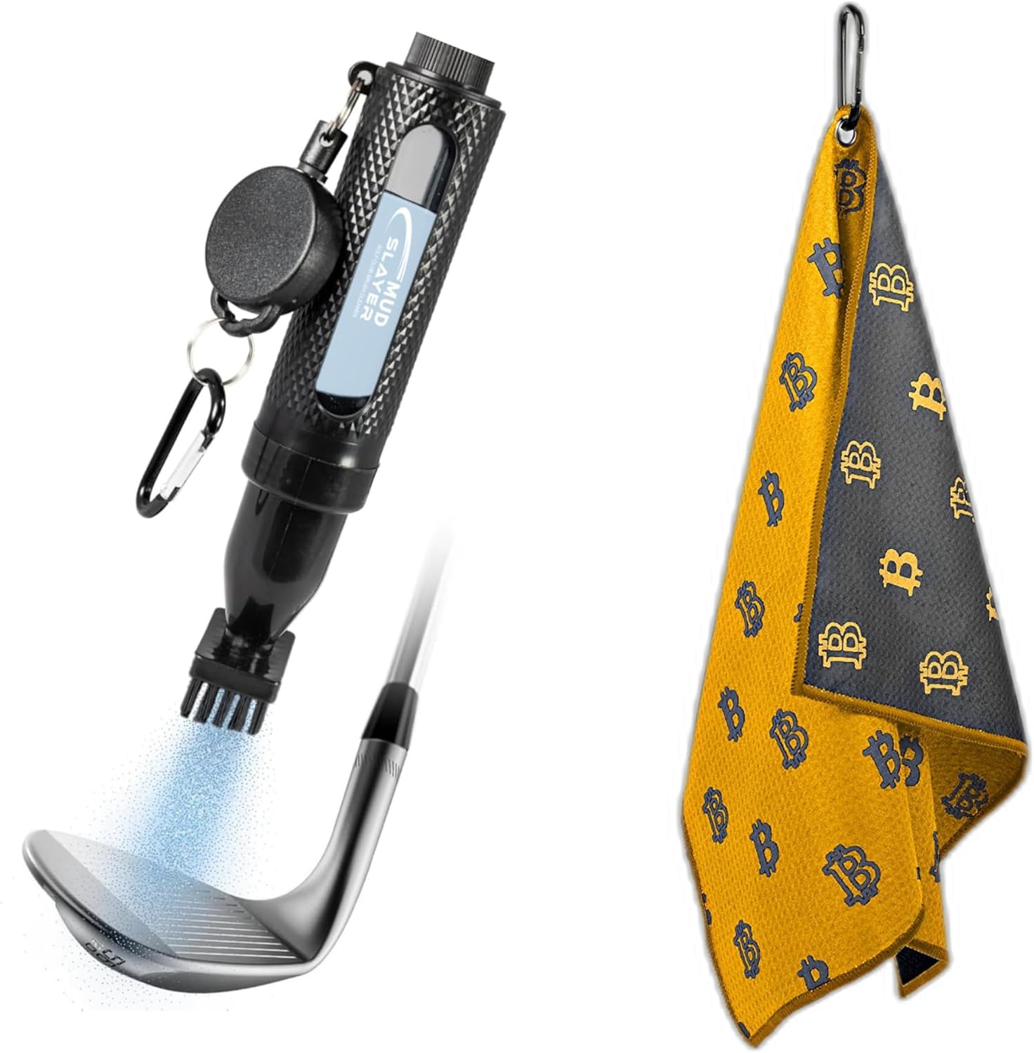 Mud Slayer Golf Club Cleaning Brush & Golf Towel Bitcoin - Premium Orange and Grey Towels with Two Sided Design - Heavy Duty Carabiner Clip- Bundle