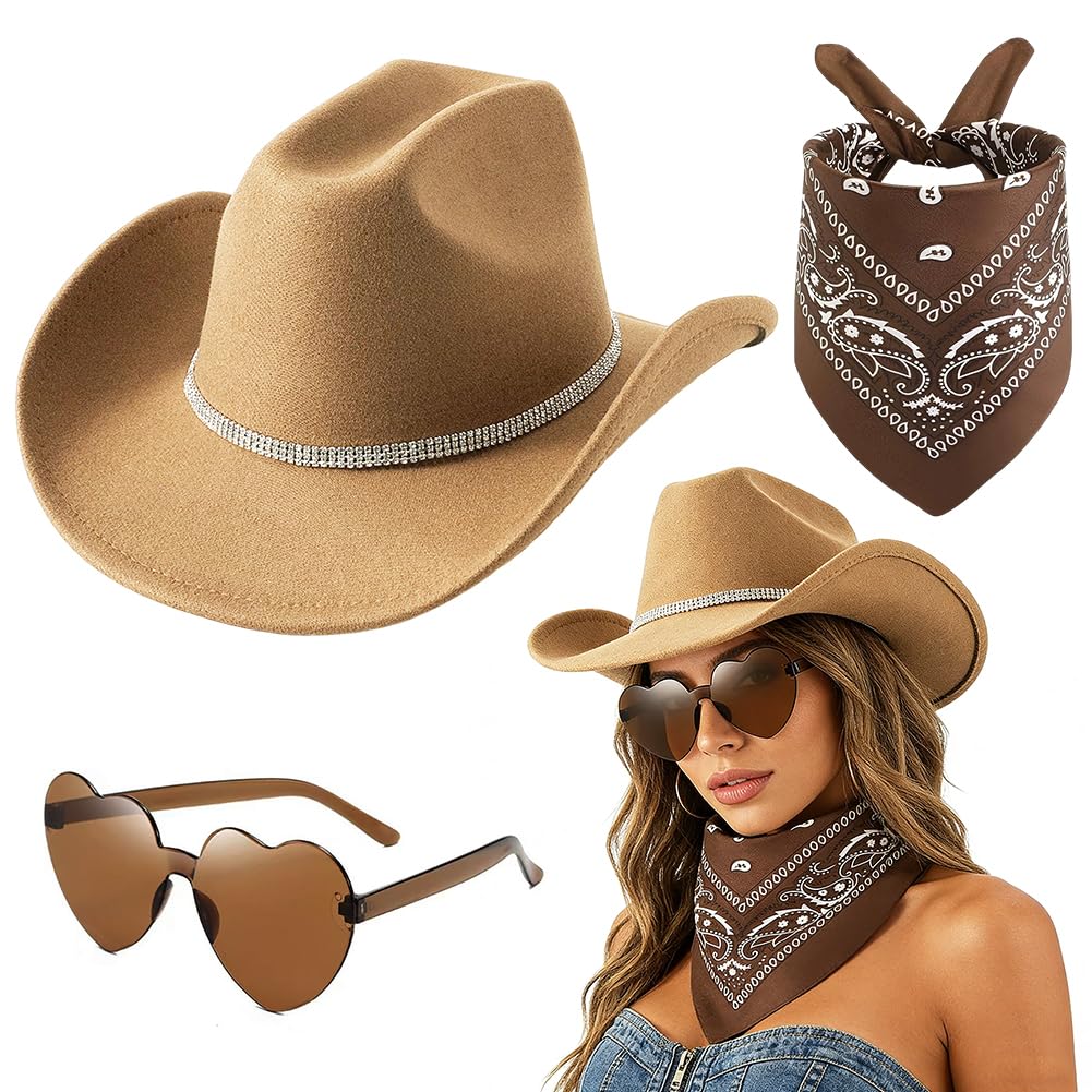 FCXVXCL Sombrero Vaquera 3 Piezas Sombrero de Vaquero Accesorios Sombreros Vaquero del Oeste Traje Sombreros Vaquera con Pañuelo Cuadrado y Gafas para Disfraz Vacaciones Fiesta