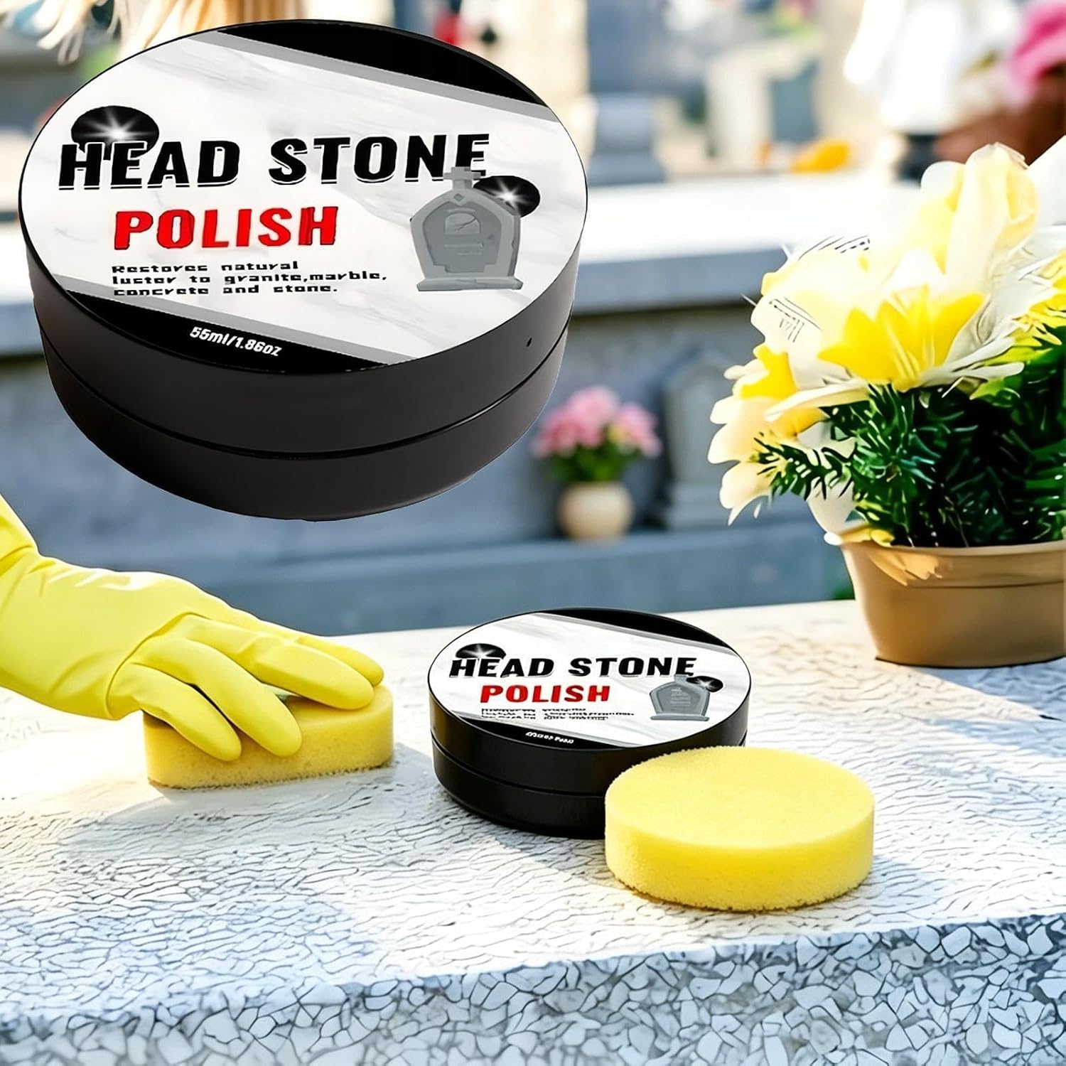 Grave Stone Restoration Cream - Deep Cleaning Gentle Polishing Paste with Sponge Tool, Effective Memorial Cleaning Kit for Granite Marble Slate Concrete Limestone Stone Surfaces, Monument Care