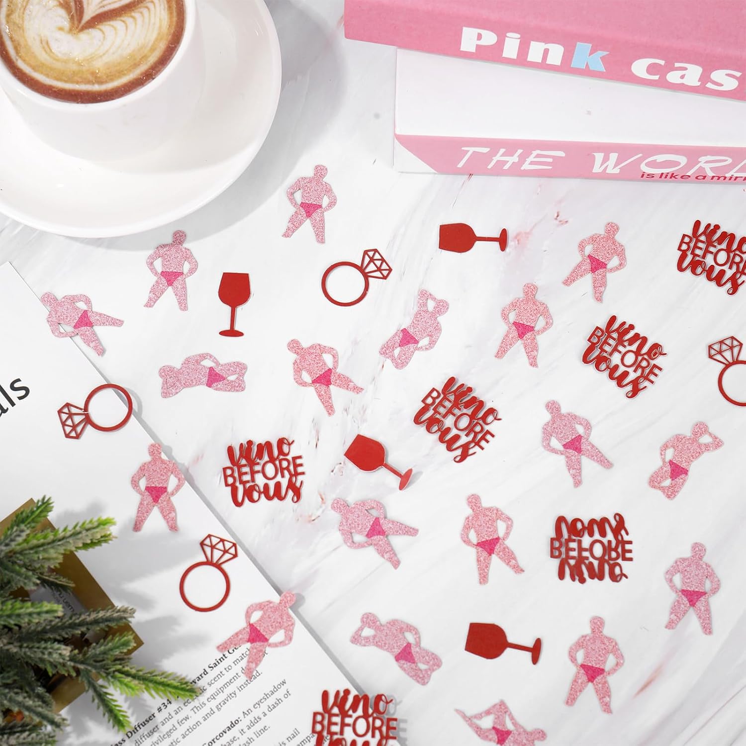 Whaline 300Pcs Wine Bachelorette Table Confetti Vino Before Vows Wine Glass Diamond Ring Funny Male Table Centerpieces for Bridal Shower Wedding Party Decoration
