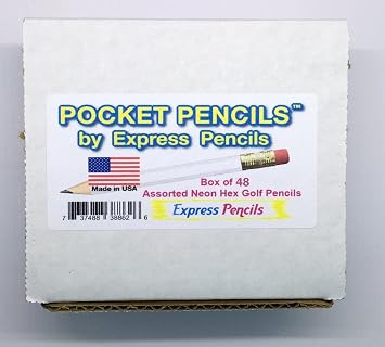 Half Pencils with Eraser - Golf, Pew, Short, Mini - Hexagon, Sharpened, Non Toxic, #2 Pencil, Color - Neon Assortmentl, (Box of 48) Golf Pocket Pencils TM