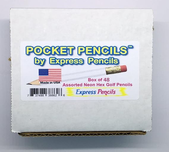 Half Pencils with Eraser - Golf, Pew, Short, Mini - Hexagon, Sharpened, Non Toxic, #2 Pencil, Color - Neon Assortmentl, (Box of 48) Golf Pocket Pencils TM