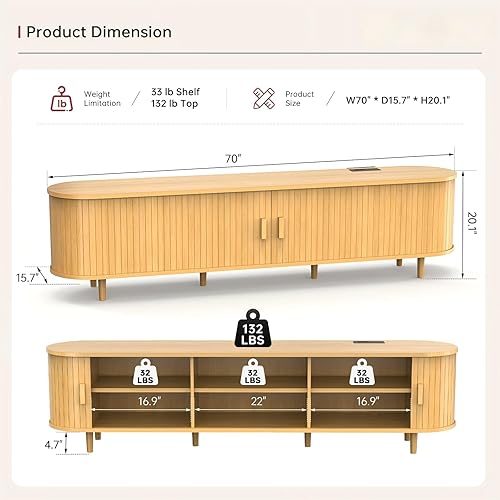 Miniatura 3 de Soporte de TV moderno de mediados de siglo de 70 pulgadas, consolas de TV de madera con puertas correderas y toma de corriente, centro de Soporte de