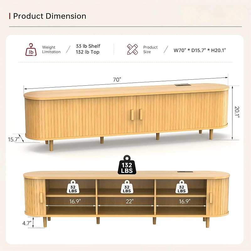 70" Mid Century Modern TV Stand, Wood TV Consoles with Sliding Doors and Power Outlet, Entertainment Center with Adjustable Shelves, Fluted TV Stands for Living Room, Oak image 3